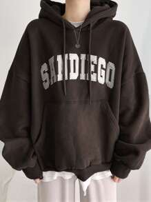 DAZY Thermal Lined Hooded Sweatshirt For Women, Casual Letter Print Pullover Hoodie, Autumn/Winter - Brown - View 4