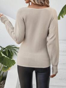 SHEIN LUNE Cổ thuyền tay cánh Đồ đan Ribbed Áo len - Màu be - Xem 2