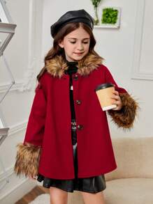 SHEIN Tween Girl Fuzzy Trim Raglan Sleeve Overcoat for Christmas - Burgundy - View 6