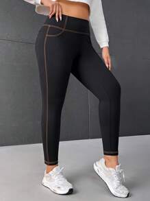 Truni Plus Top-Stitching Wideband Waist Leggings - Black - View 2