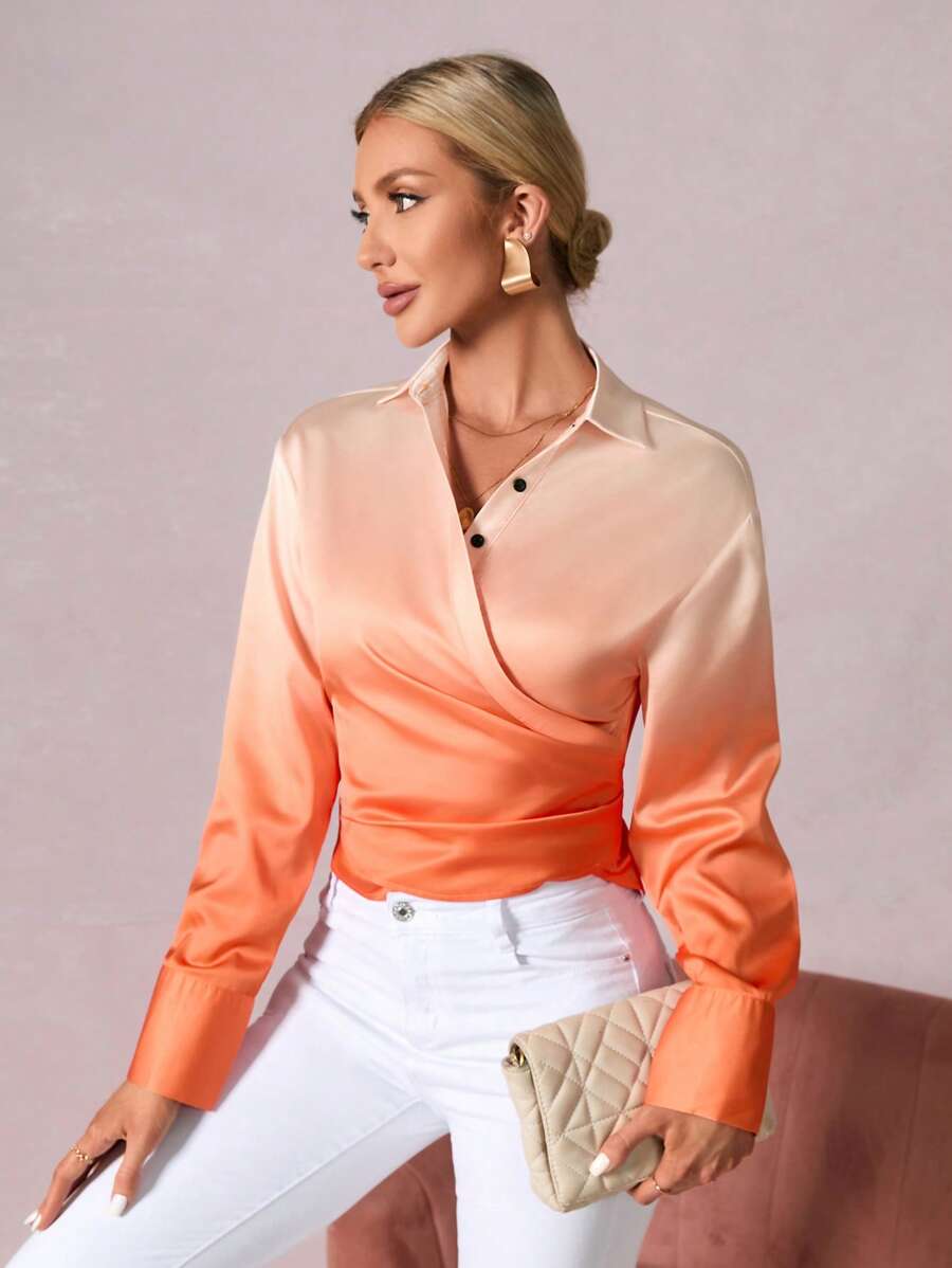 Aveloria Ombre Surplice Neck Ruched Side Wrap Detail Blouse - Orange - View 1