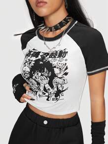 ROMWE Anime Camiseta crop estampado de cráneo de manga raglán - Blanco y Negro - Ver 5