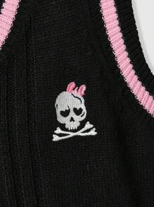 ROMWE Kawaii 骷髏刺繡撞色滾邊毛衣背心 - 黑色 - 查看 2