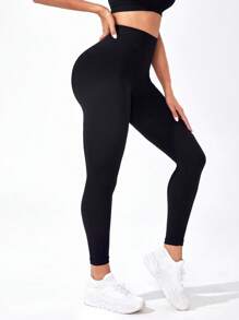 Chất rắn Thắt lưng băng rộng Quần Xà cạp thể thao - màu đen - Xem 3