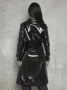 SHEIN SXY Solid PU Leather Longline Coat - Black - View 2