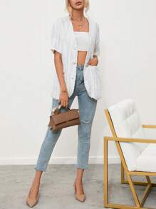 Aveloria Solid Raw Trimmed Button Front Coat - White - View 1