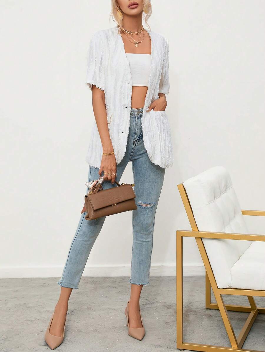 Aveloria Solid Raw Trimmed Button Front Coat - White - View 1