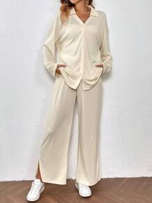 SHEIN LUNE 落肩袖襯衫&下擺開叉闊腿褲 - 杏色 - 查看 1