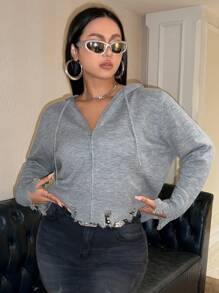 SHEIN ICON Plus Solid Raw Hem Hooded Cardigan Without Bra