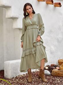 Bohemela Guipure Lace Insert Ruffle Trim Lantern Sleeve Dress - Army Green - View 4