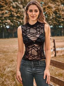 Top con estampado geométrico de malla de cuello alto transparente - Negro - Ver 3