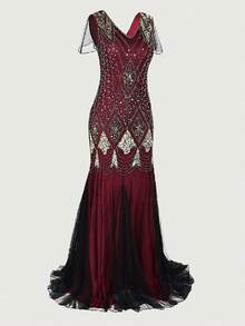 亮片拼接網紗覆蓋魚尾裙下擺連衣裙 - 彩色 - 查看 3