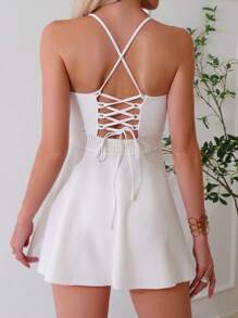 Contrast Mesh Criss Cross Tankini - White - View 2