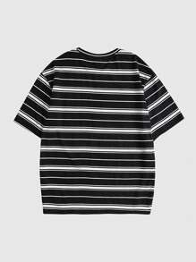 ROMWE MEN Prep 男士條紋和字母圖案T恤 - 黑與白 - 查看 2