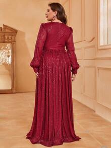 Faeriesty Plus Surplice Neck Lantern Sleeve Sequin Formal Dress - Burgundy - View 2