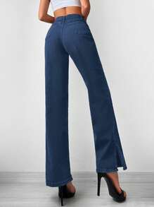 EURMUSE Solid Split Hem Straight Leg Jeans - Dark Wash - View 3