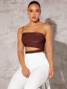 SHEIN BAE 單肩鏤空側收褶短款上衣 - 巧克力棕 - 查看 6