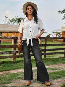 SHEIN VCAY Plus Solid Button Front Knot Hem Shirt - White - View 7