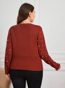 SHEIN Clasi 休閒珠子 雙排釦 珍珠純色大碼開衫 - 鏽棕色 - 查看 2