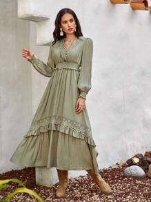 Bohemela Guipure Lace Insert Ruffle Trim Lantern Sleeve Dress - Army Green - View 1