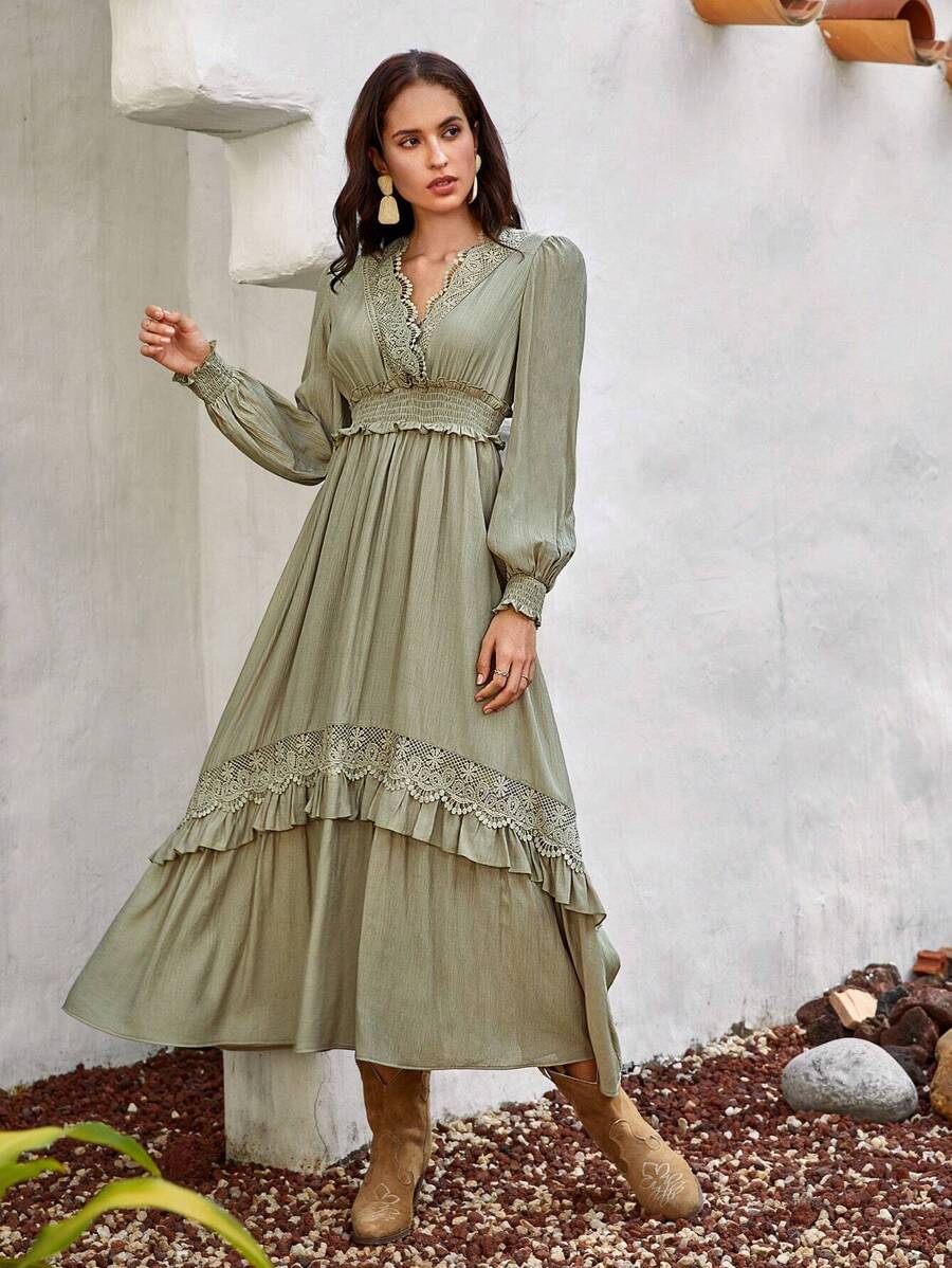 Bohemela Guipure Lace Insert Ruffle Trim Lantern Sleeve Dress - Army Green - View 1