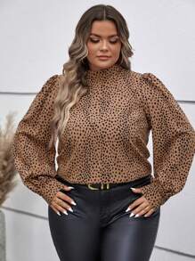 SHEIN Clasi Plus Dalmatian Print Mock Neck Lantern Sleeve Blouse - Khaki - View 3