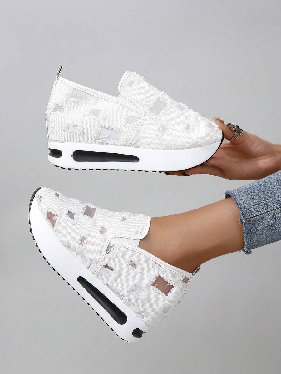 Zapatillas deportivas cuña de mujeres cómodo transpirable sin cordones con grueso suela - Blanco - Ver 1