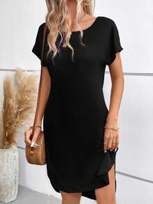 SHEIN Frenchy Solid Batwing Sleeve Tee Dress - Black - View 4