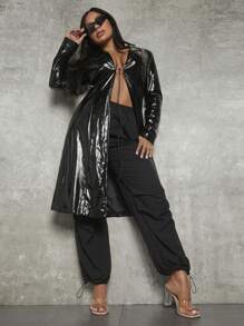 SHEIN SXY Solid PU Leather Longline Coat - Black - View 5