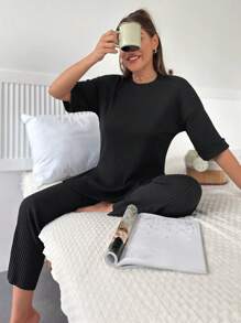 RueChic Solid Drop Shoulder Tee & Trousers - Black - View 1