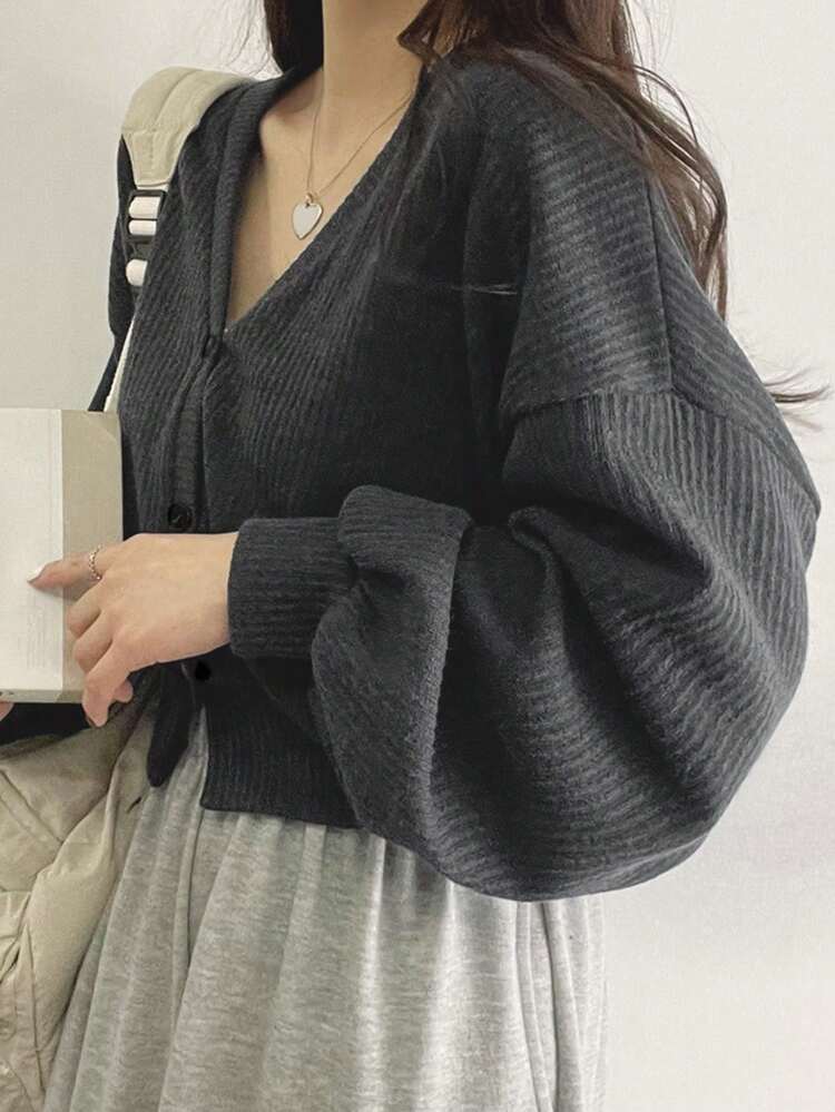 Solid Drop Shoulder Ribbed Knit Button Front Tee Long Sleeve Women Tops Crop Women Tops