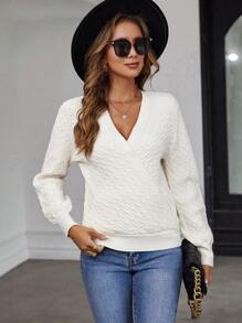 SHEIN Clasi Chất rắn Surplice cổ Áo len - Màu be - Xem 3