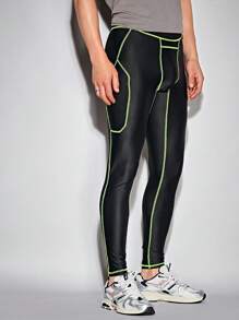 Manfinity RebelGame Hombres Leggings en contraste con puntada - Negro - Ver 3