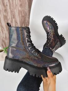 女款時尚閃亮機車靴,女款厚底靴英式風格萬用閃亮圓頭時尚靴子適用於秋冬 - 彩色 - 查看 1