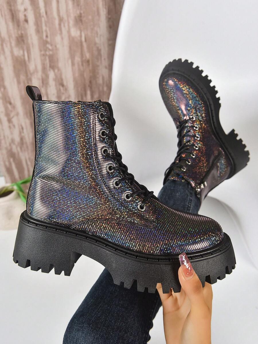 女款時尚閃亮機車靴,女款厚底靴英式風格萬用閃亮圓頭時尚靴子適用於秋冬 - 彩色 - 查看 1