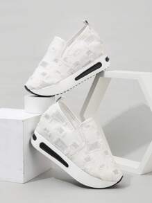 Zapatillas deportivas cuña de mujeres cómodo transpirable sin cordones con grueso suela - Blanco - Ver 2