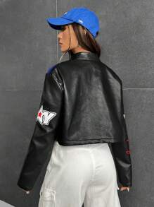 SHEIN Coolane 1pc Letter Graphic Colorblock PU Leather Jacket - Multicolor - View 2