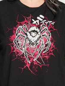 ROMWE Anime 大碼蜘蛛印花落肩T恤 - 黑色 - 查看 3