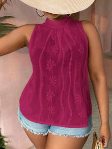 SHEIN VCAY Plus Floral Embroidery Keyhole Back Blouse - Hot Pink - View 5