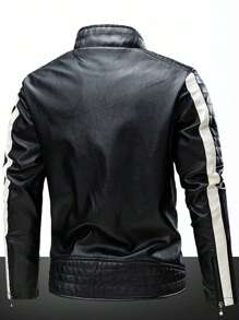 男士长袖撞色拉链PU皮夹克，秋冬款