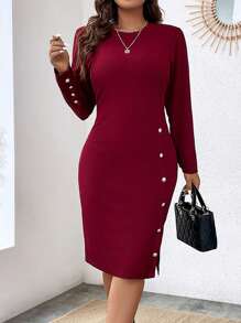 Celure Plus Button Detail Split Hem Bodycon Dress Burgundy Color Women Outfit - Burgundy - View 1