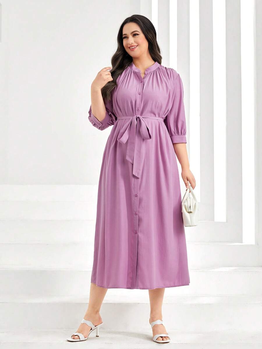 Seusyu Plus Ruched Belted Shirt Dress - Lilac Purple - View 1