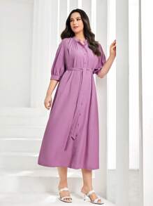 Seusyu Plus Ruched Belted Shirt Dress - Lilac Purple - View 3