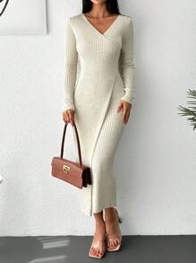 EURMUSE Solid Ribbed Knit Wrap Hem Sweater Dress - Beige - View 3