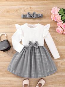 SHEIN Young Girl Plaid Print Ruffle Trim Bow Front Dress With Headband - Multicolor - View 1