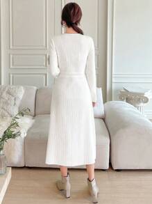 DAZY Contrast Lace Ribbed Knit A-line Sweater Dress - White - View 2