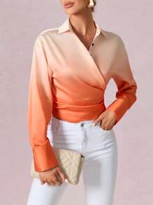 Aveloria Ombre Surplice Neck Ruched Side Wrap Detail Blouse - Orange - View 5