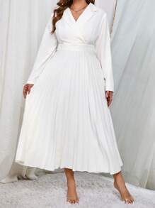 SHEIN Privé Plus Lapel Neck Pleated Hem Dress - White - View 4