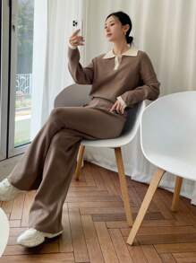DAZY Contrast Polo Neck Drop Shoulder Sweater & Knit Pants Fall - Khaki - View 5
