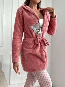 RueChic Cat Embroidery Hooded Belted Teddy Coat - Pink - View 5